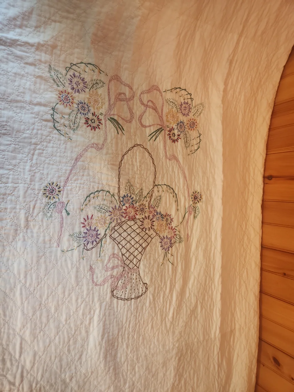 Hand-Embroidered Floral Basket Quilt Cover in Cream and Pastel Colors